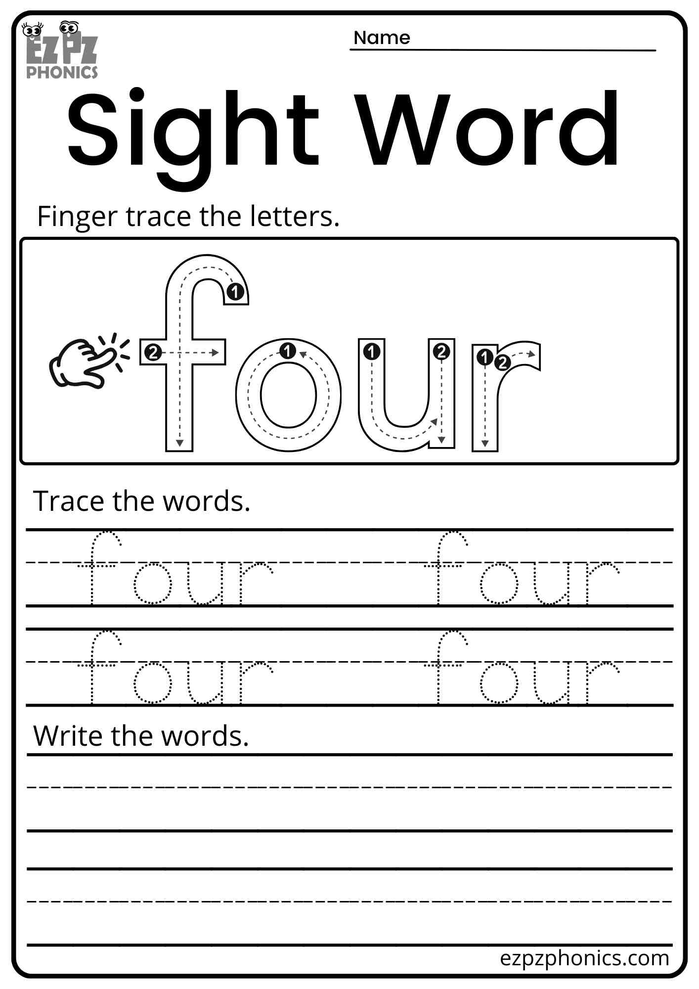 "Four" Dolch Kindergarten Sight Word Trace and Write Worksheet PDF Download